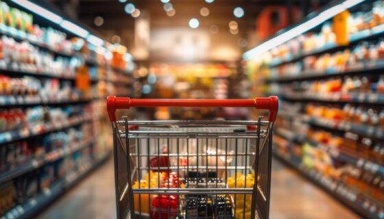 A shopping cart in a grocery store aisle with many different items, AI By starush - Adobestock