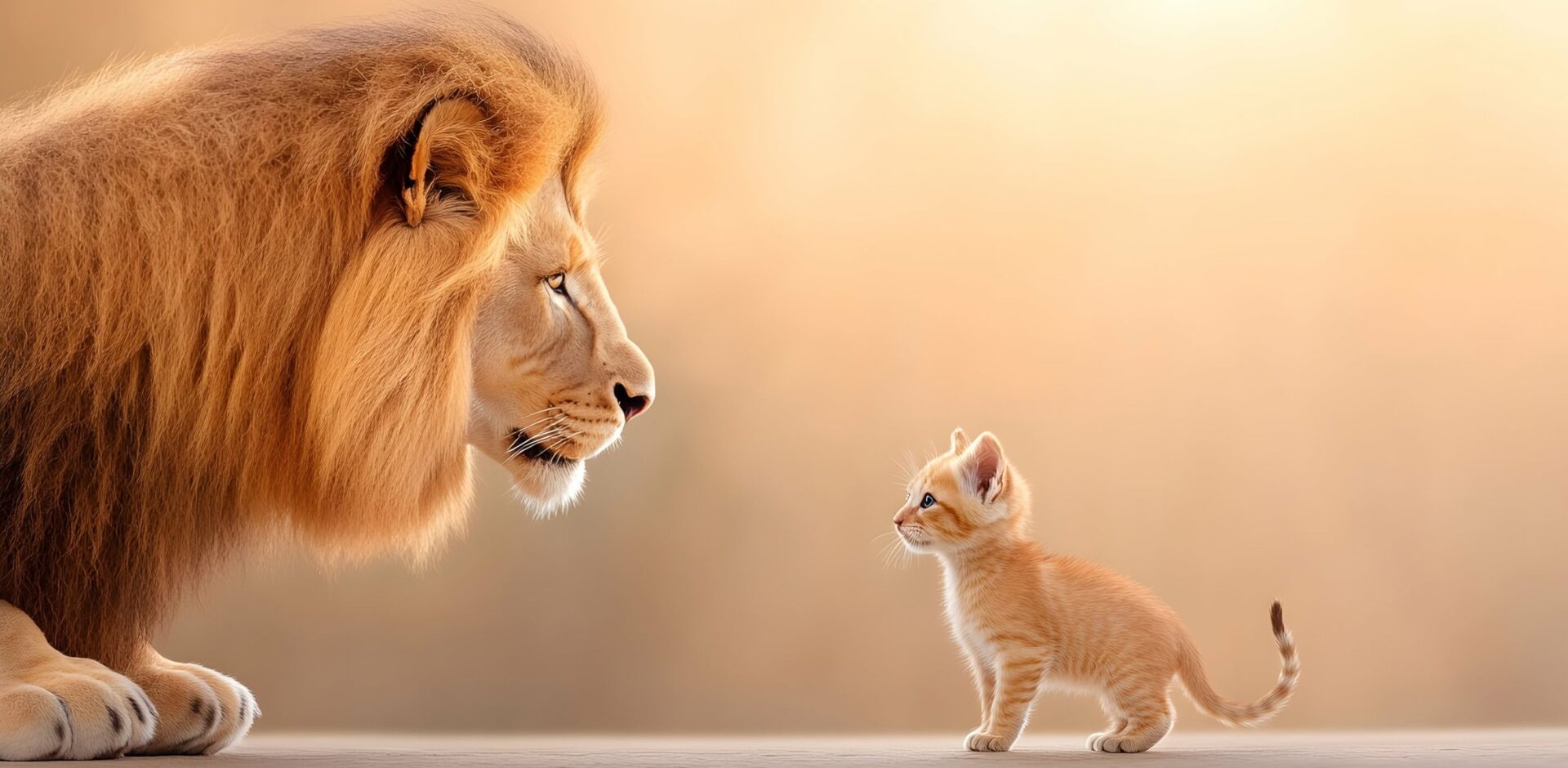 Majestic lion and tiny kitten facing each other, sunset background; perfect for concepts of size difference, courage, mentorship, or wildlife - generative AI. By Lailatul - AdobeStock