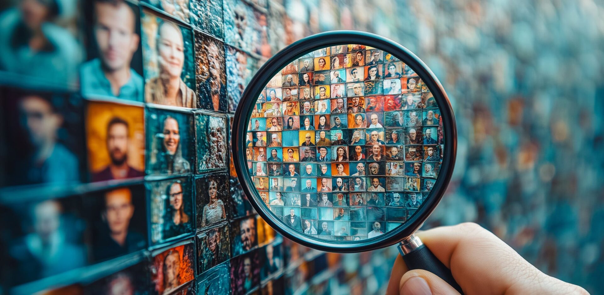 A hand holding a magnifying glass closely examines a wall filled with diverse individual portraits, representing detailed scrutiny or selection, By mimi - AdobeStock