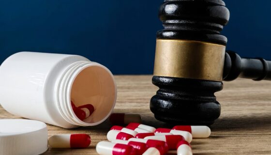 Gavel and Spilled Red and White Capsules from a Medicine Bottle Symbolizing Drug Law and Regulation. By MohamadFaizal - AdobeStock